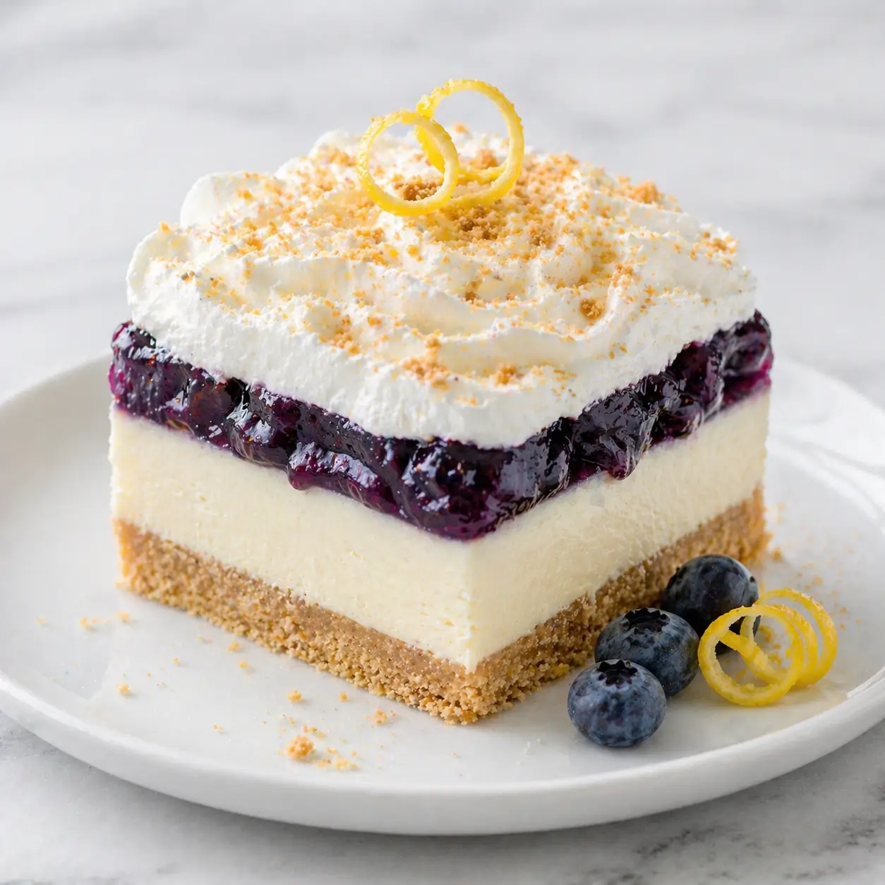 No-bake lemon blueberry dessert slice with graham crust, lemon cream layer, blueberry topping and whipped cream on plate.