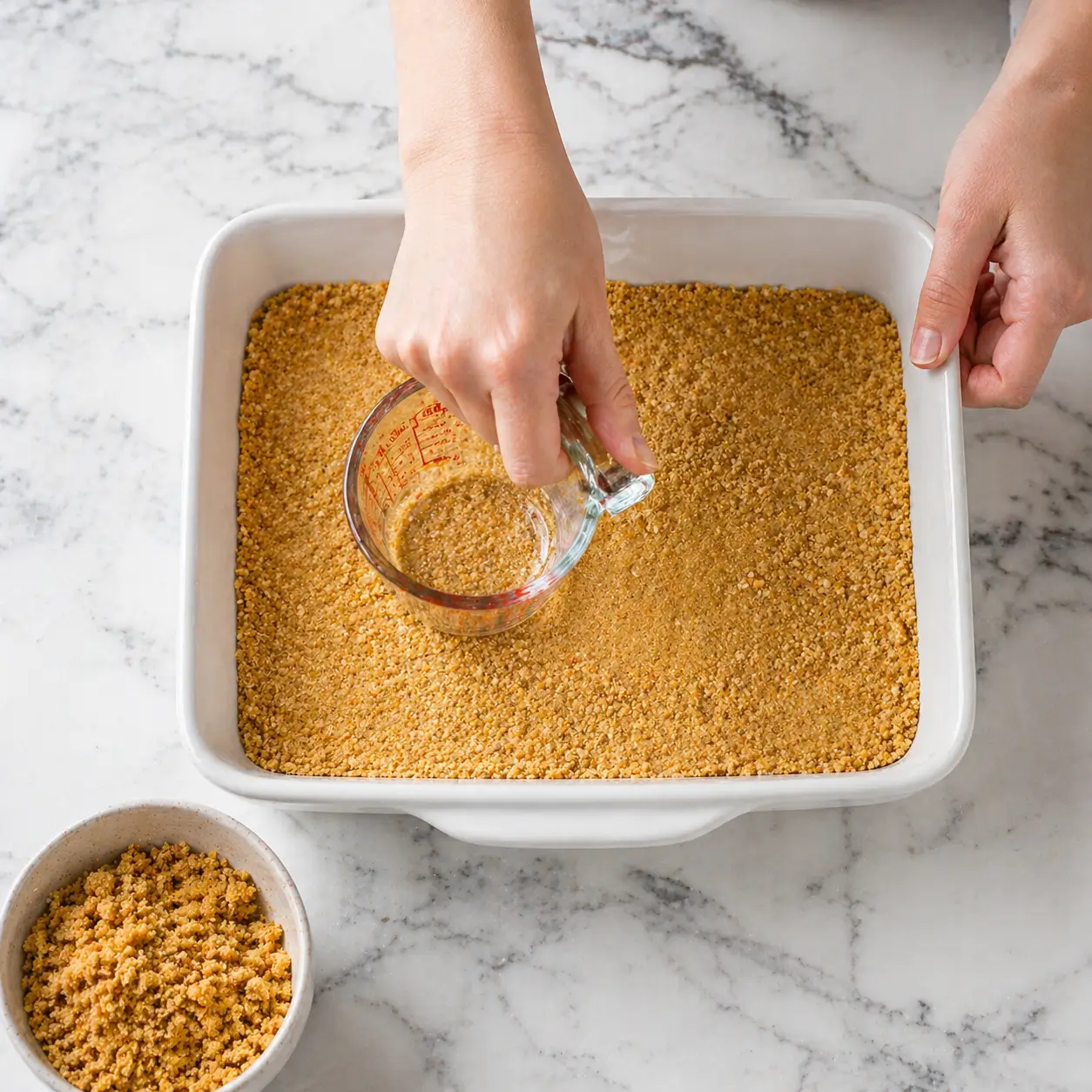 Pressing graham cracker crust into baking dish with measuring cup for no-bake lemon blueberry dessert on marble countertop.