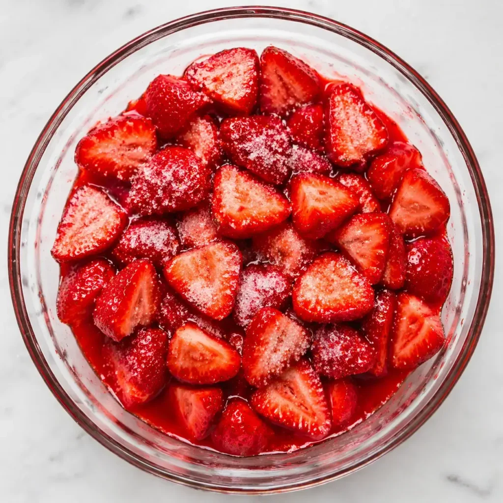 Fresh sliced strawberries with sugar and lemon juice in a glass bowl for Easy No-Bake Spring Strawberry Dessert topping.