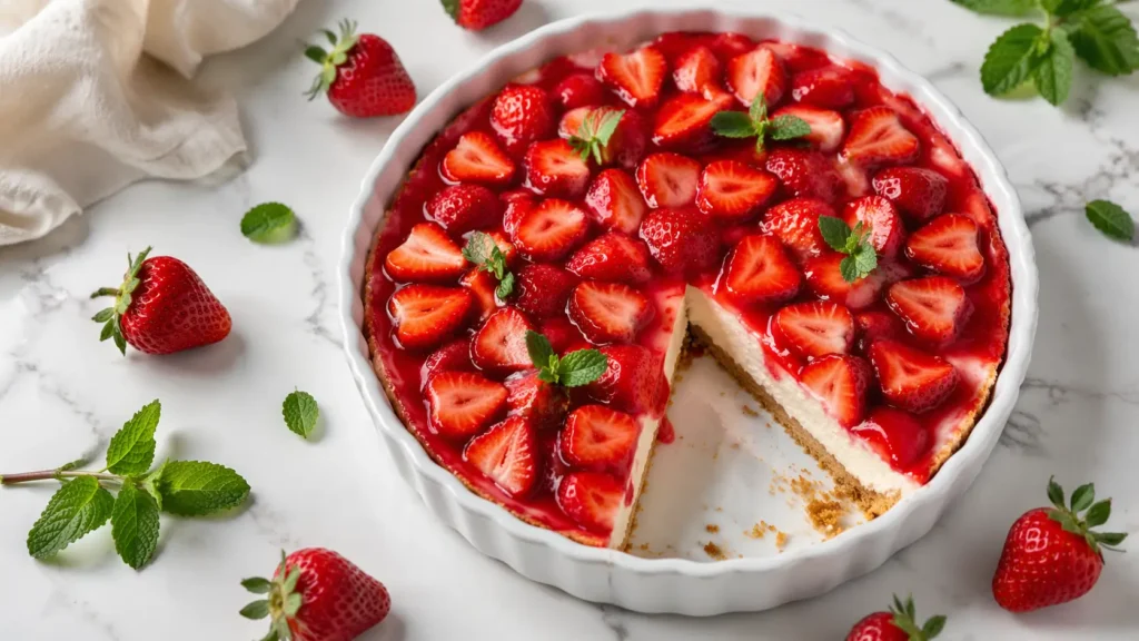 Easy No-Bake Spring Strawberry Dessert in a white dish topped with fresh strawberries, creamy cheesecake layers, graham crust, and one slice removed.