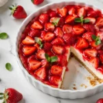 Easy No-Bake Spring Strawberry Dessert in a white dish topped with fresh strawberries, creamy cheesecake layers, graham crust, and one slice removed.
