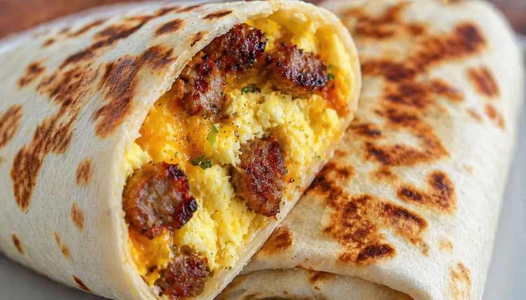 Quick andQuick and easy breakfast burrito recipe with scrambled eggs, melted cheese and crispy sausage in toasted tortilla easy breakfast burrito with scrambled eggs, melted cheese and crispy sausage wrapped in toasted tortilla