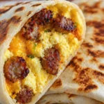 Quick andQuick and easy breakfast burrito recipe with scrambled eggs, melted cheese and crispy sausage in toasted tortilla easy breakfast burrito with scrambled eggs, melted cheese and crispy sausage wrapped in toasted tortilla