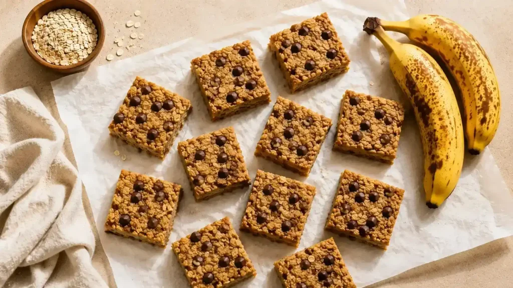 Banana oatmeal bars with chocolate chips on a ceramic plate, served with ripe bananas and oats on a marble surface