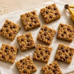 Banana oatmeal bars with chocolate chips on a ceramic plate, served with ripe bananas and oats on a marble surface