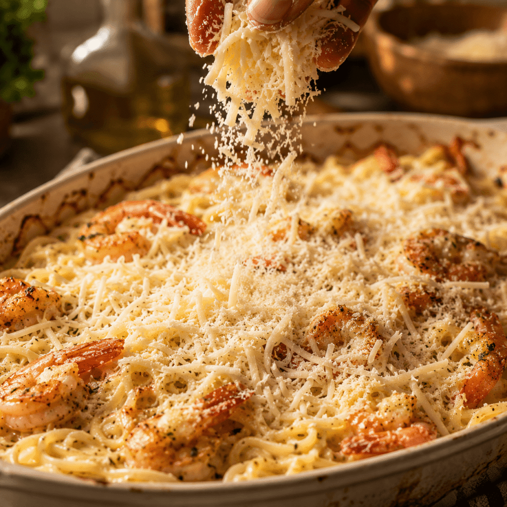 Linguine tossed in creamy lemon garlic butter sauce for shrimp scampi pasta bake