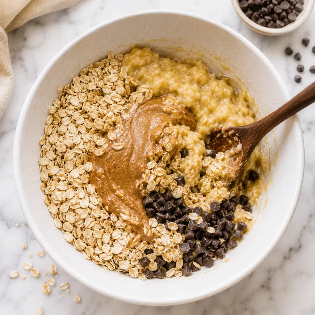 Rolled oats, mashed banana, almond butter and chocolate chips mixed in a white bowl with a wooden spoon