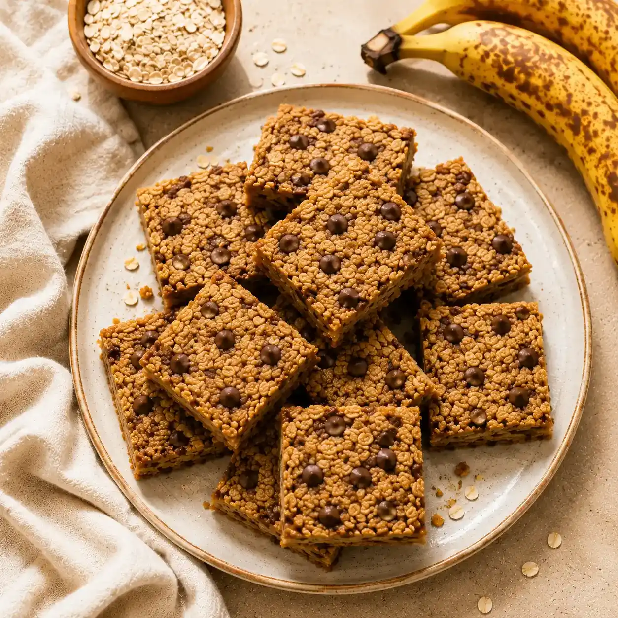 Banana oatmeal bars with chocolate chips served on a white plate, showing chewy golden texture and oats