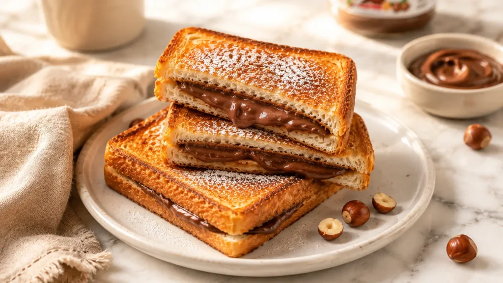 Air fryer Nutella toast pies golden and crispy with melted chocolate hazelnut filling on a white ceramic plate