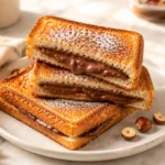 Air fryer Nutella toast pies golden and crispy with melted chocolate hazelnut filling on a white ceramic plate