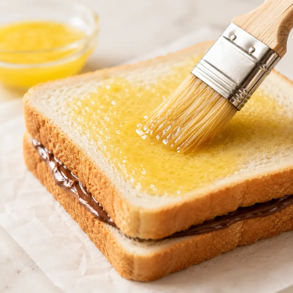 Spreading creamy Nutella on white bread for air fryer Nutella toast pies step by step recipe