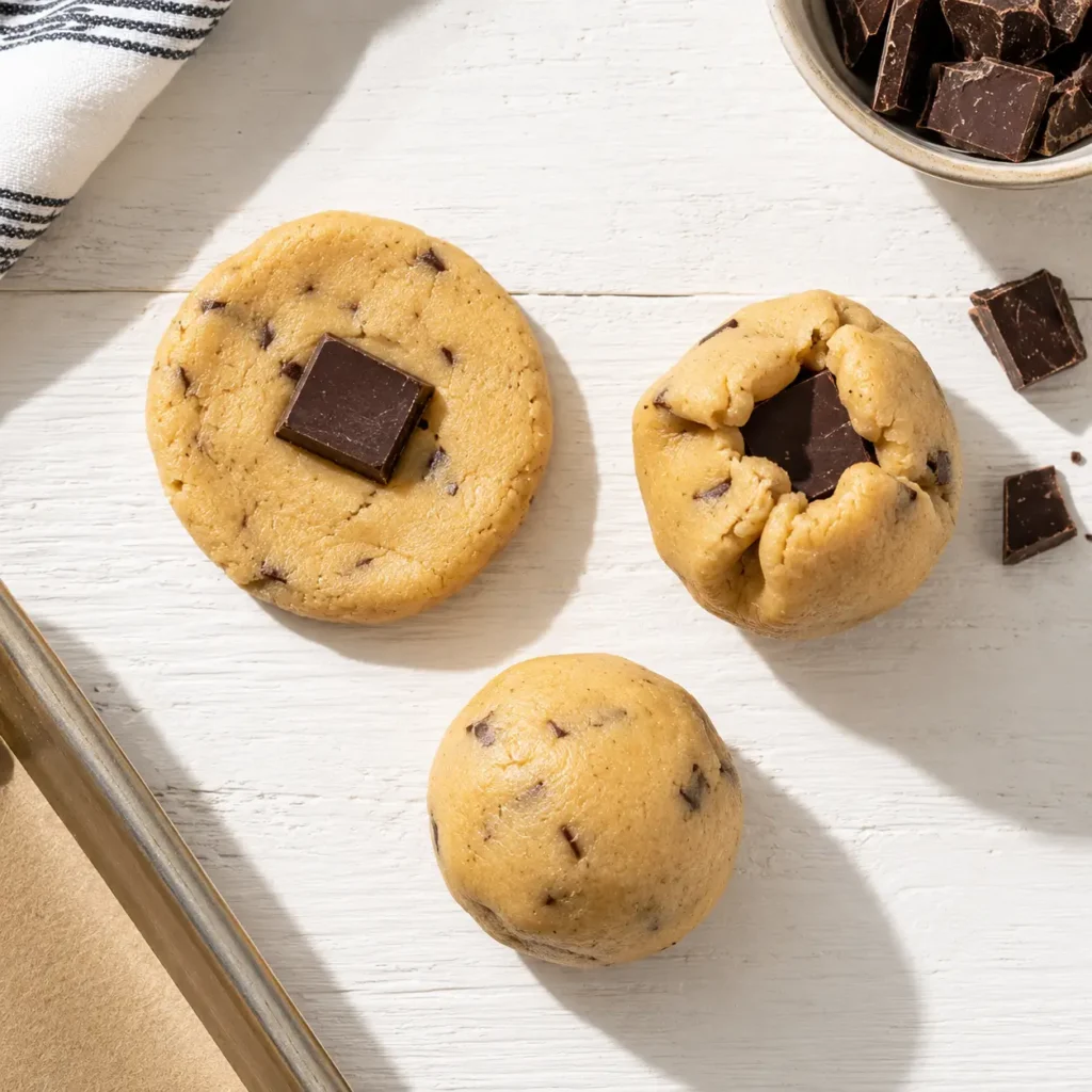 Cookie dough flattened with chocolate chunks, then folded and sealed for homemade chocolate-filled cookies