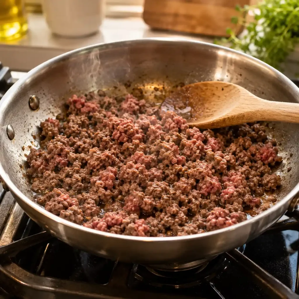 Ground beef, onion, garlic, and tomato paste cooking in a skillet for easy Italian pasta sauce with warm kitchen lighting