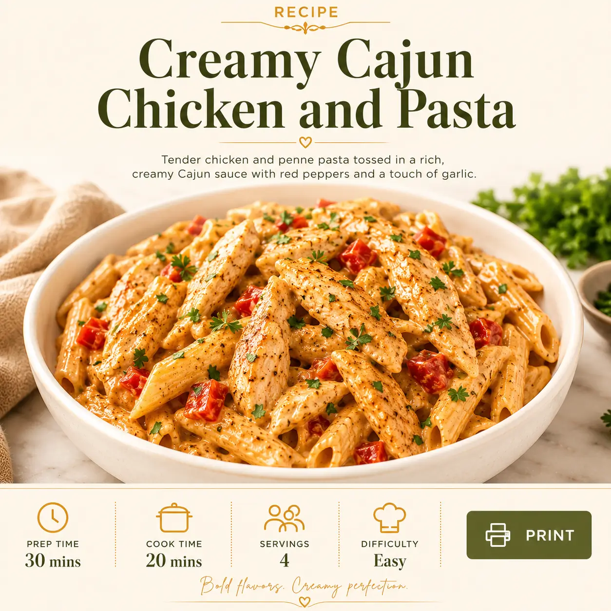 Make creamy Cajun chicken and pasta in 30 minutes with rich spices and restaurant-quality flavor. Easy weeknight dinner that impresses family. Step-by-step recipe.
