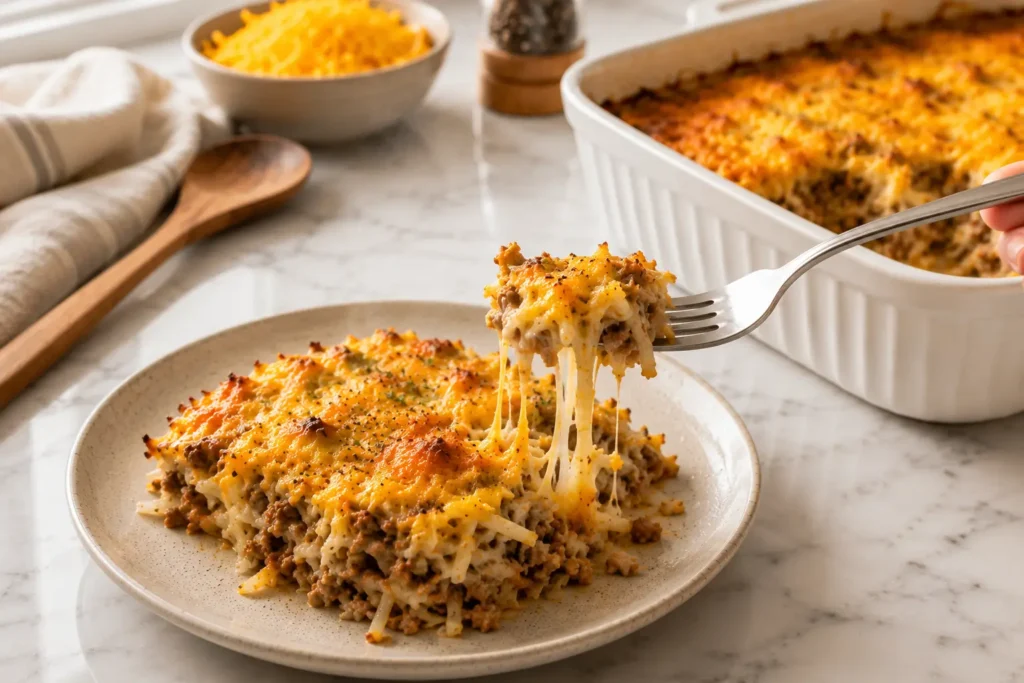 5-Ingredient Beef and Hashbrown Casserole with shredded hashbrowns layered in a white baking dish on marble