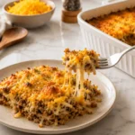 5-Ingredient Beef and Hashbrown Casserole with shredded hashbrowns layered in a white baking dish on marble