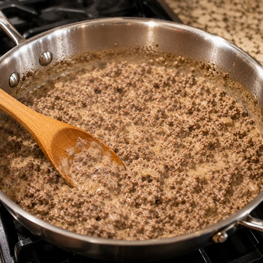 Creamy beef mixture spread over shredded hashbrowns in a white casserole dish for beef hashbrown casserole