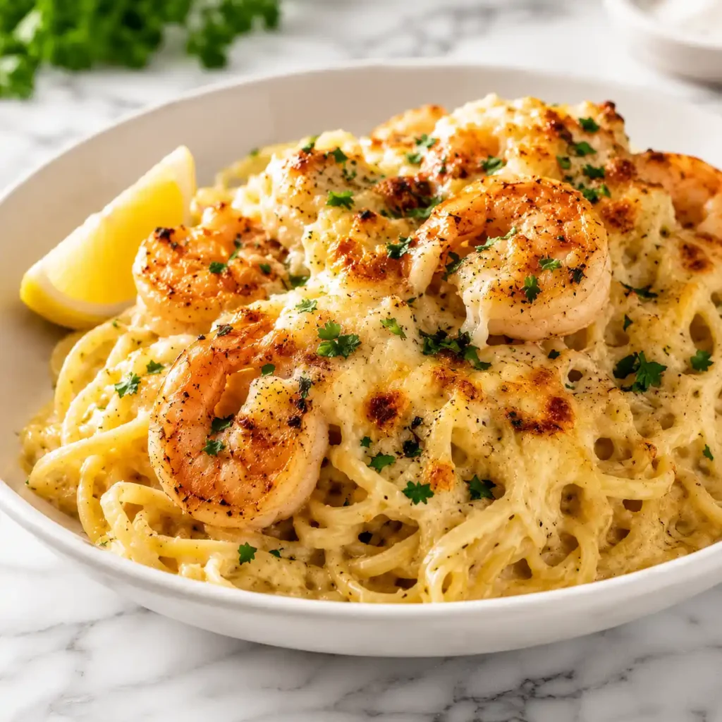 Serving of shrimp scampi pasta bake with creamy linguine, golden cheese, shrimp, parsley, and lemon on white marble