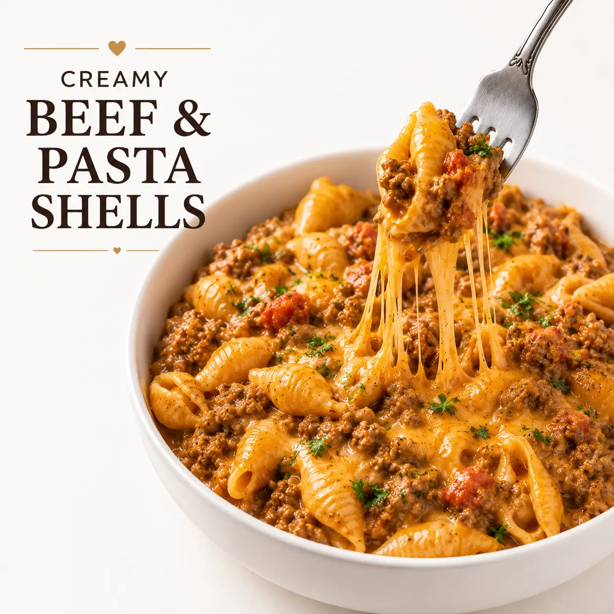Creamy beef and pasta shells in a white bowl with melted cheddar, savory beef sauce, and a fork lifting cheesy pasta.