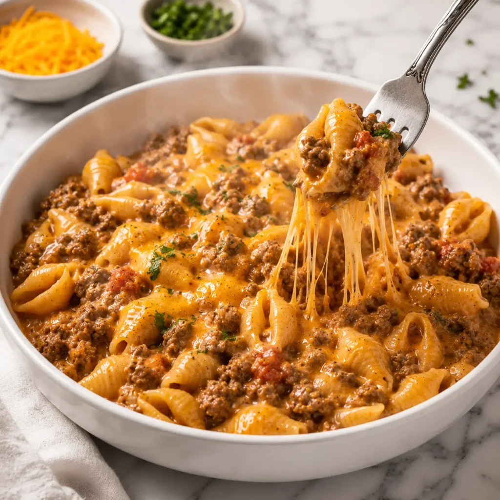Creamy beef and pasta shells with melted cheddar lifted by a fork from a white ceramic dish on white marble.