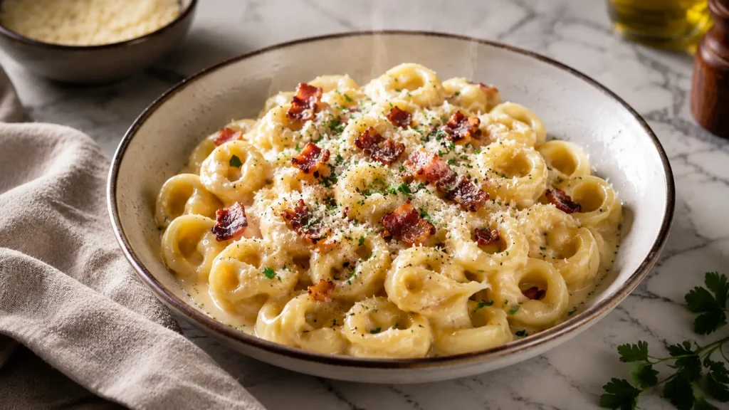 Creamy tortellini carbonara with crispy pancetta, Parmesan, and black pepper on a white plate for an easy dinner recipe