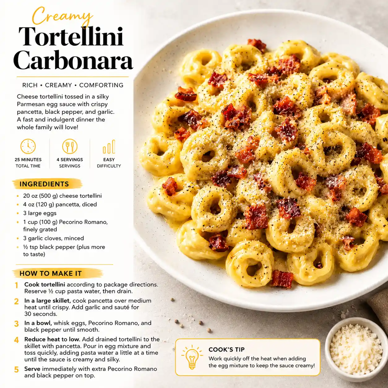 Creamy tortellini carbonara recipe card with pancetta, Parmesan, black pepper, ingredients, and easy cooking steps