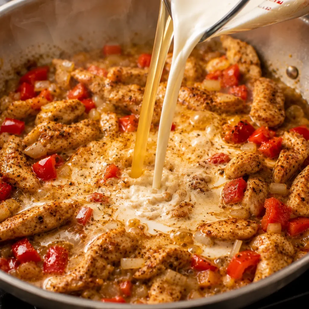 Golden chicken breasts searing in butter with herbs in a stainless skillet for creamy Cajun chicken pasta.