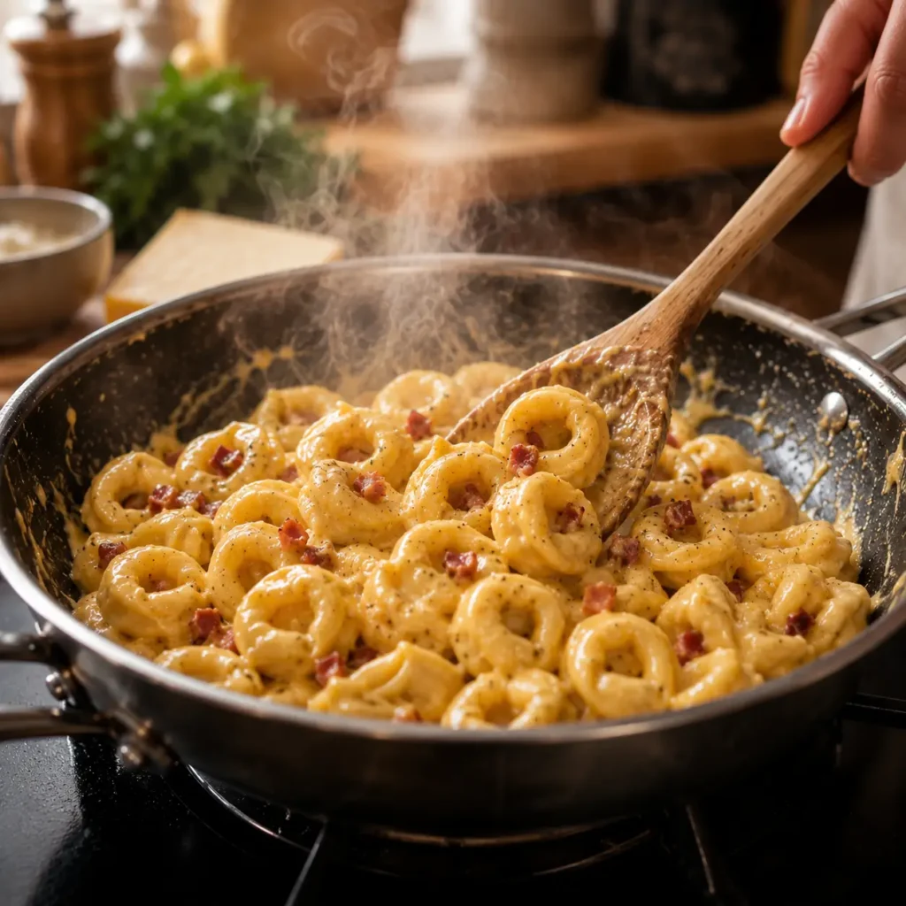 Cheese tortellini tossed in creamy carbonara sauce with pancetta in a skillet, showing an easy step-by-step pasta recipe
