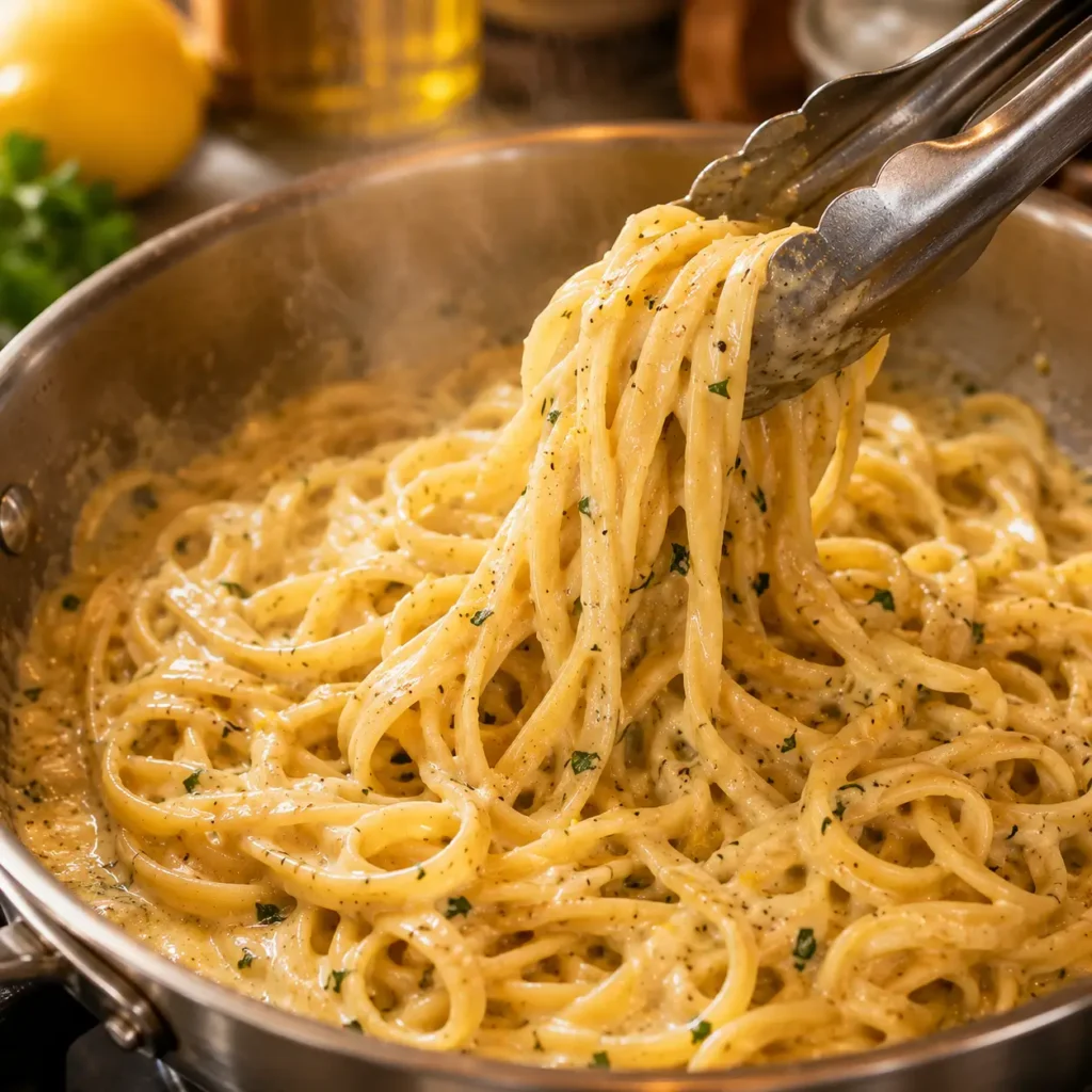 Garlic and red pepper flakes sizzling in melted butter for shrimp scampi pasta bake