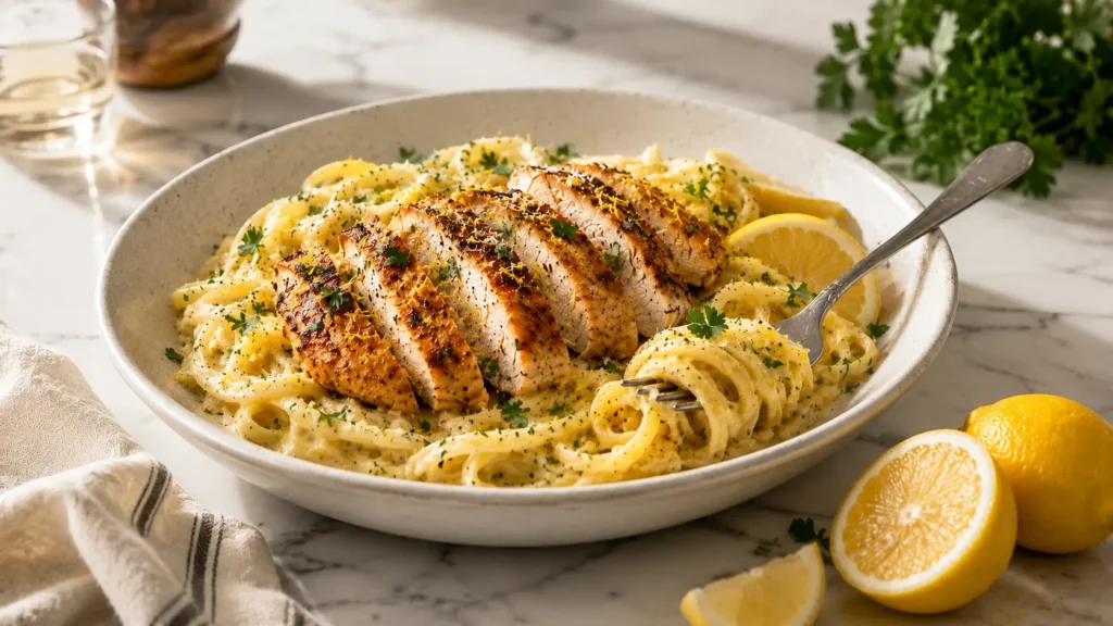 Italian lemon chicken pasta with creamy linguine, golden chicken slices, Parmesan, parsley, and lemon on white marble.