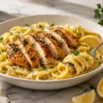 Italian lemon chicken pasta with creamy linguine, golden chicken slices, Parmesan, parsley, and lemon on white marble.