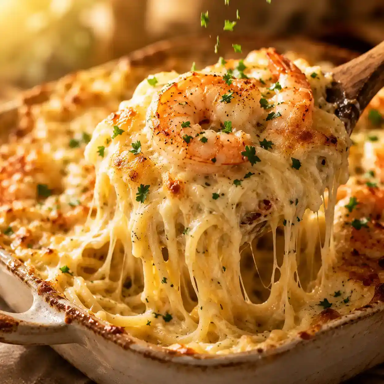 Mozzarella and parmesan cheese sprinkled over shrimp scampi pasta bake before baking