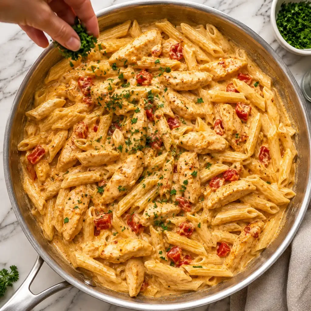 Finished creamy Cajun chicken pasta in a white bowl with tender chicken, red peppers, and parsley garnish.