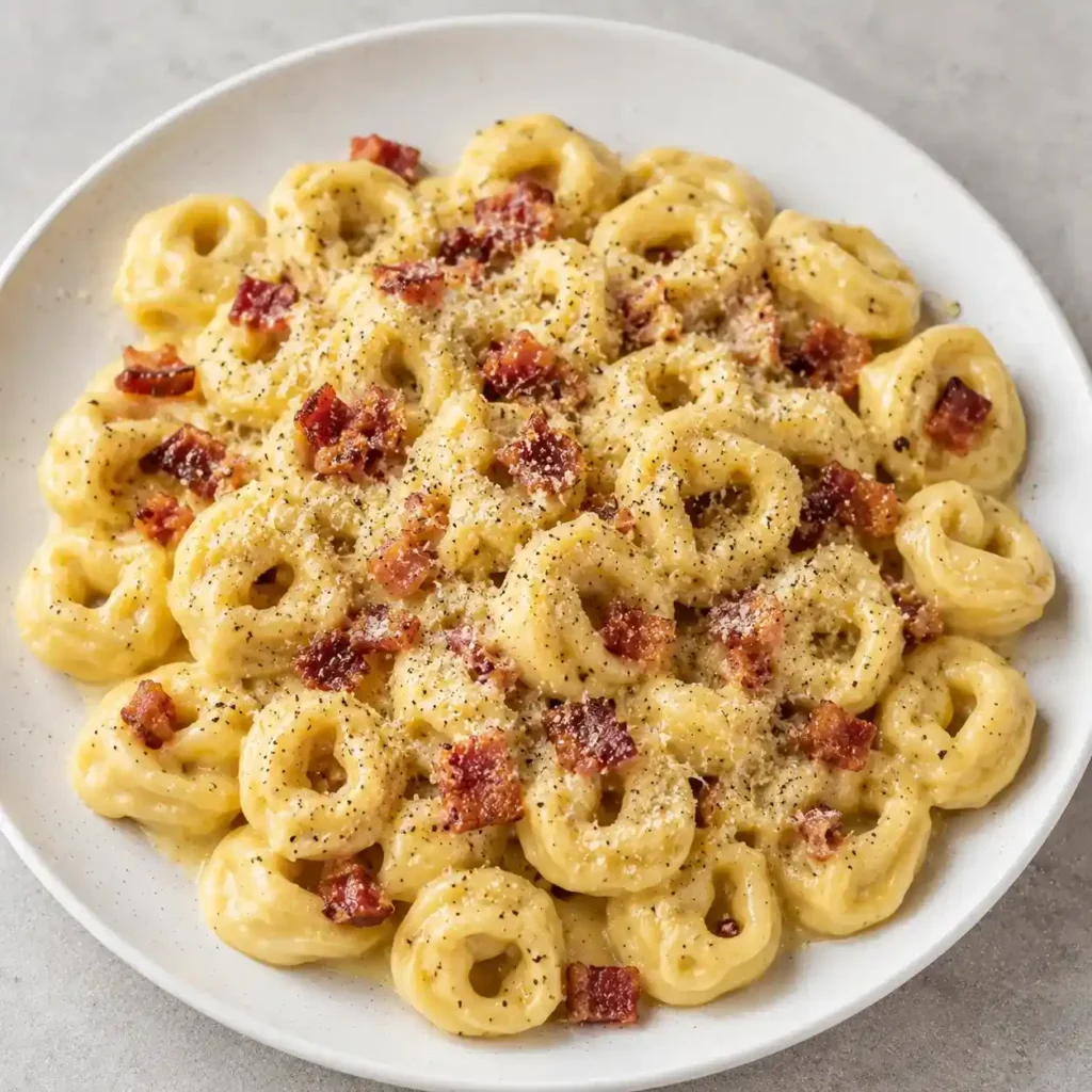 Creamy tortellini carbonara finished with crispy pancetta, Parmesan, and black pepper on a white plate for a pasta recipe