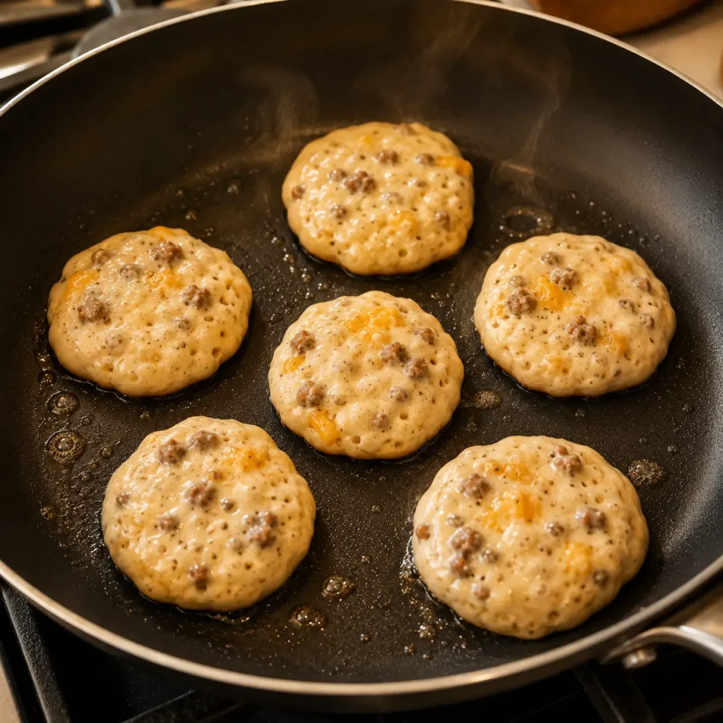 McGriddle Bites cooking in a skillet with sausage, cheddar, and bubbles forming on top