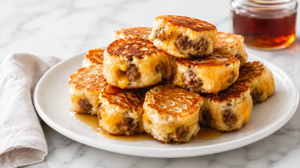 Homemade McGriddle Bites with sausage, cheddar cheese, and maple syrup on a white marble table