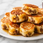 Homemade McGriddle Bites with sausage, cheddar cheese, and maple syrup on a white marble table