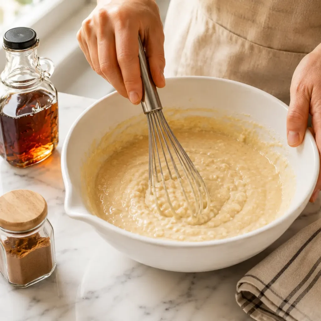 Whisking McGriddle Bites batter with maple syrup in a white bowl on a white marble counter