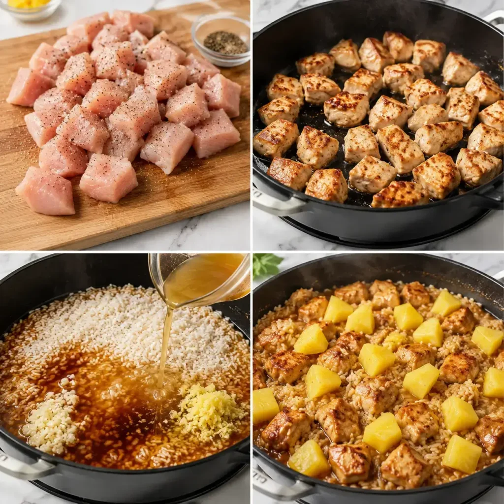 Step-by-step pineapple chicken and rice recipe showing seasoned chicken, seared chicken, rice cooking, and pineapple added