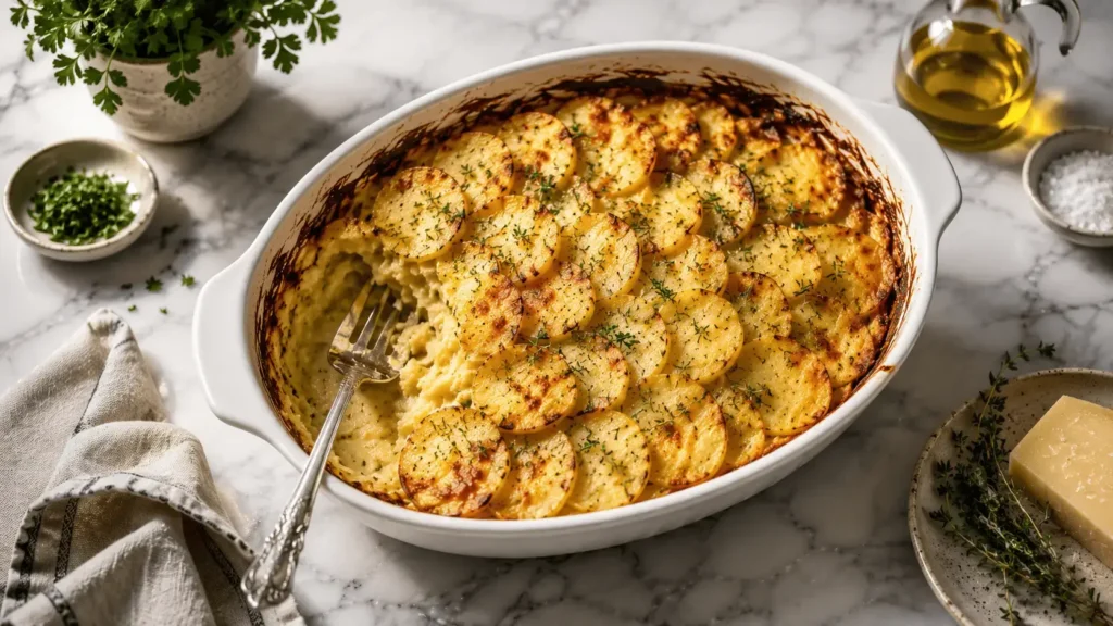 Vegan potato bake slice with golden layers, creamy oat milk sauce,