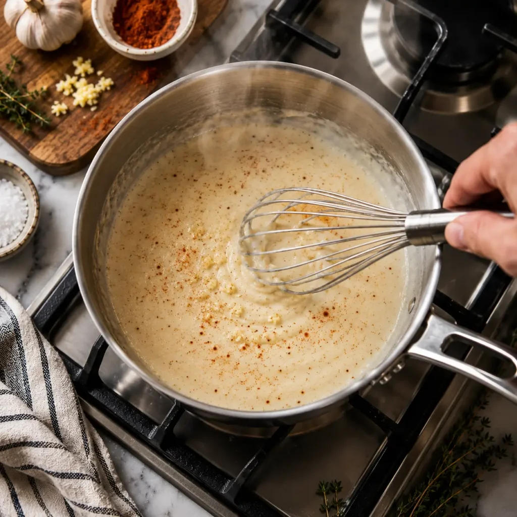 Creamy vegan potato bake slice lifted from a white dish, showing golden layers, oat milk sauce, crispy top, and fresh herbs