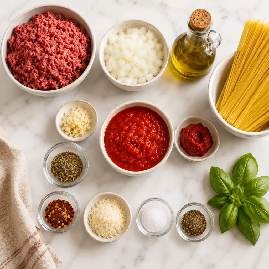 Italian ground beef pasta ingredients with raw beef, spaghetti, tomatoes, basil, parmesan, garlic, onion, olive oil, and seasonings