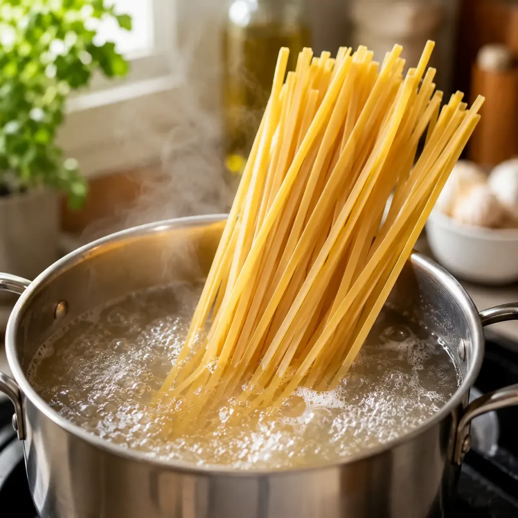 Linguine pasta cooking in boiling salted water for shrimp scampi pasta bake recipe