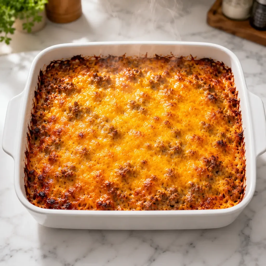 Beef and hashbrown casserole slice on a white plate with crispy cheddar topping and creamy beef layers.