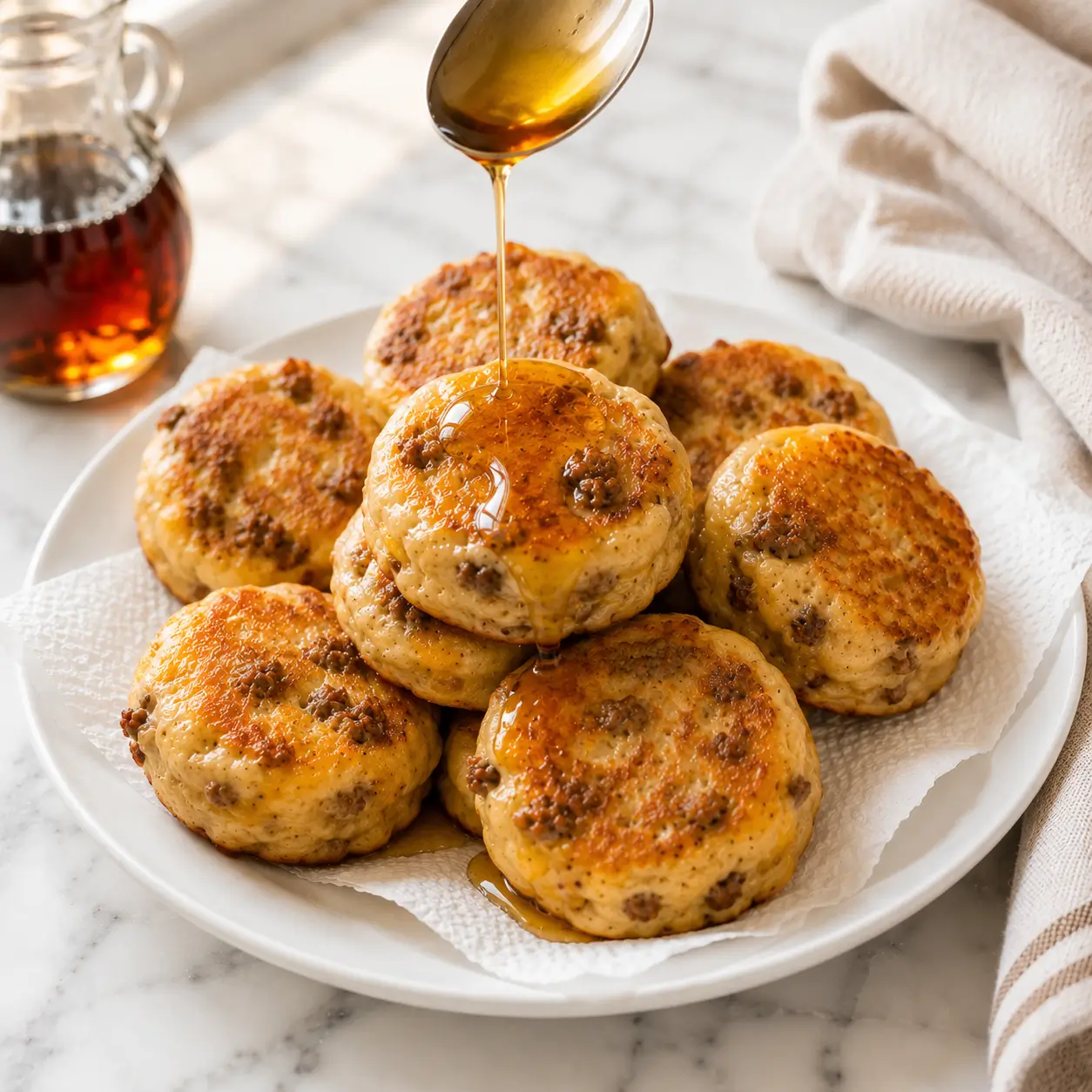 Golden McGriddle Bites with sausage, cheddar cheese, and maple syrup on a white marble counter