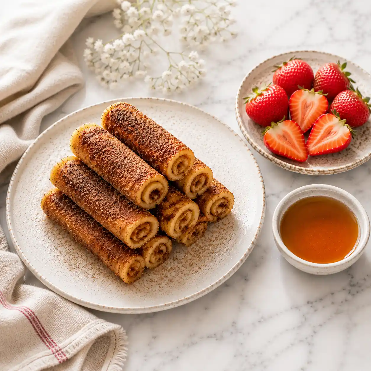 Quick Cinnamon Sugar French Toast Roll-Ups stacked on a plate with strawberries and maple syrup