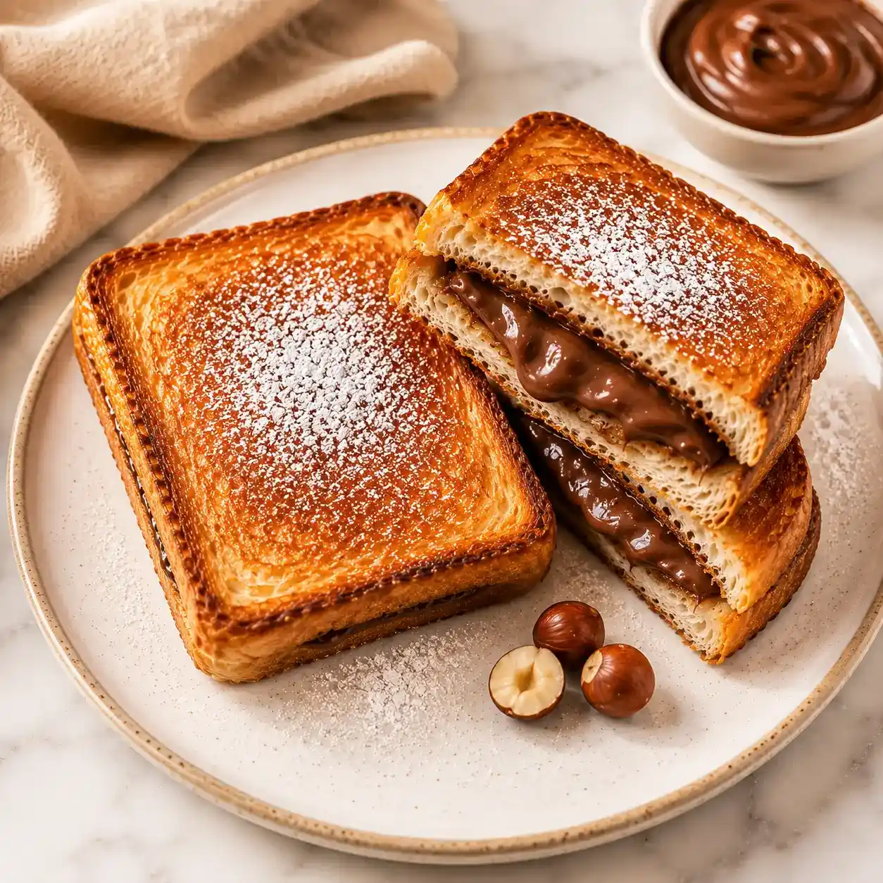 Air fryer Nutella toast pies on a white plate with melted chocolate filling and powdered sugar.