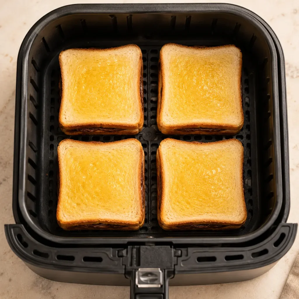Air fryer basket with buttered Nutella toast pies arranged in a single layer for crispy cooking results