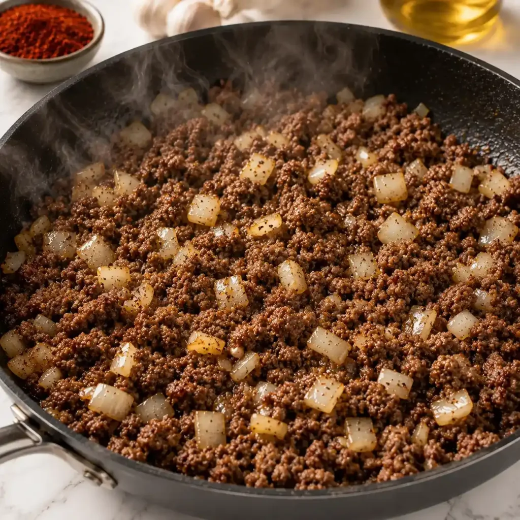 Ground beef browning with diced onions in a skillet on white marble, the first cooking step for creamy beef and pasta shells.