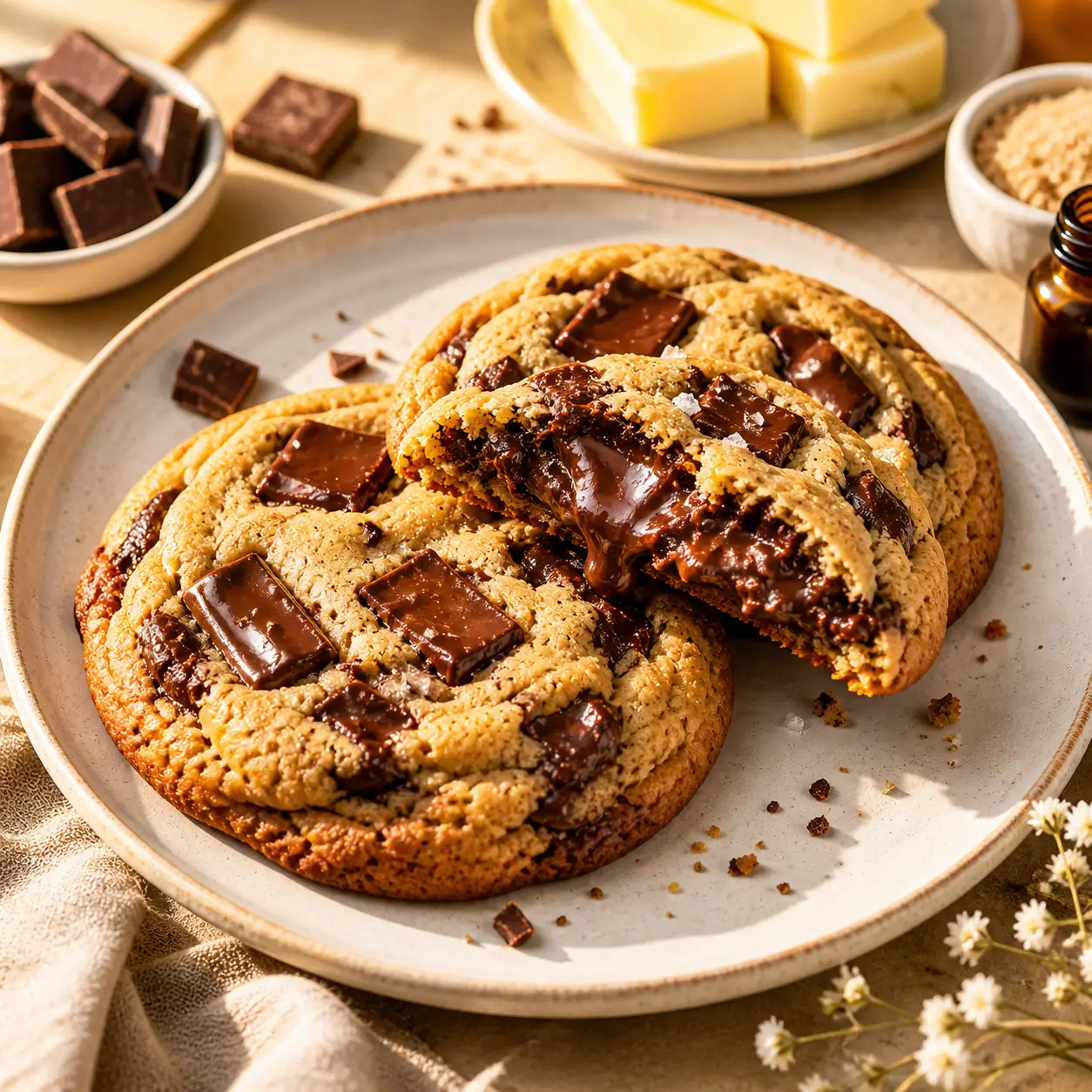 Chocolate-filled cookies with gooey melted centers on a white ceramic plate, perfect for a homemade dessert recipe